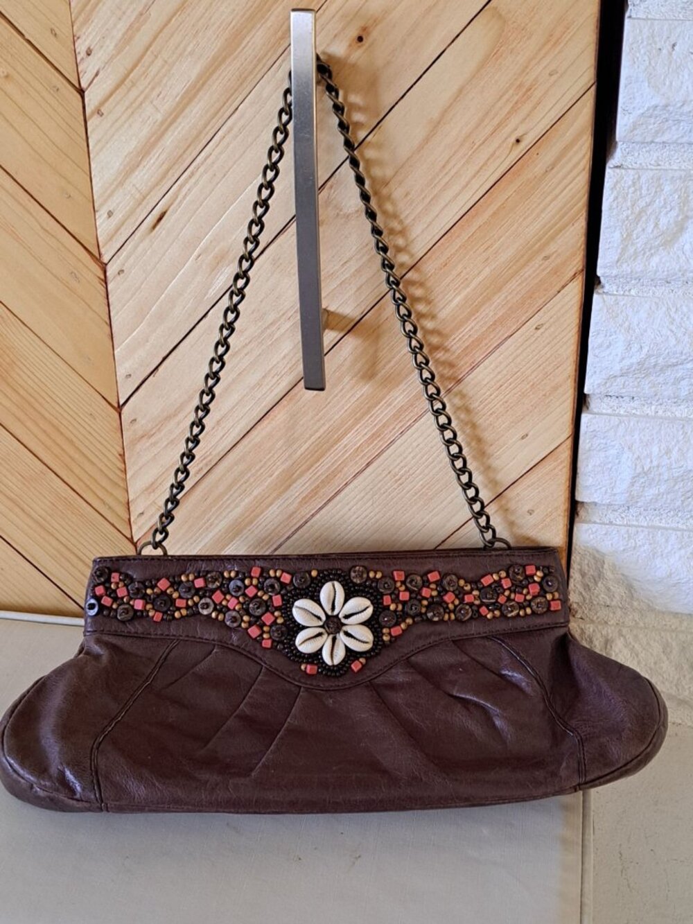 Tommy Bahama Purse  Calypso Frame Clutch Chocolate Brown Leather Shell Bead